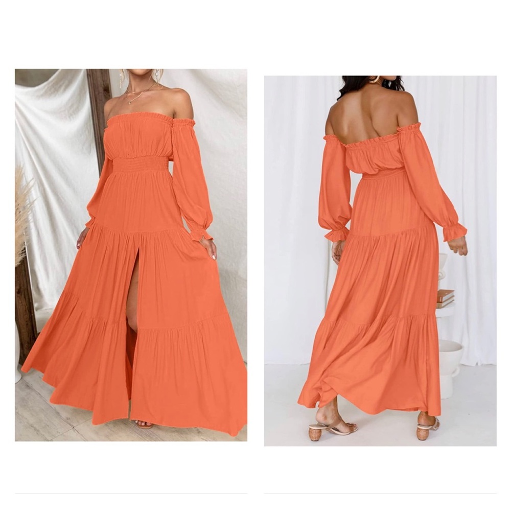 Off Shoulder Long Sleeve Smocked High Waist Side Split Flowy Long Maxi Dress